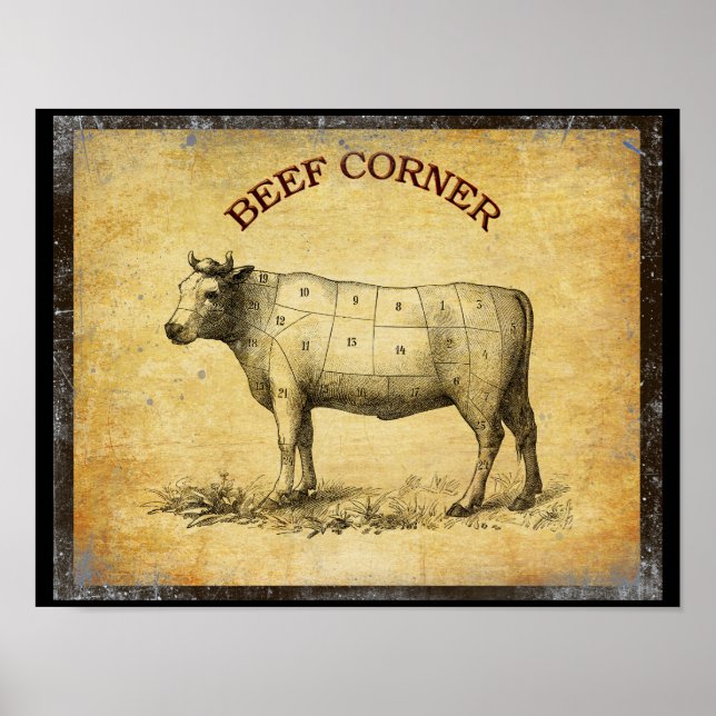 vintage beef chart with numbered cuts (Front)