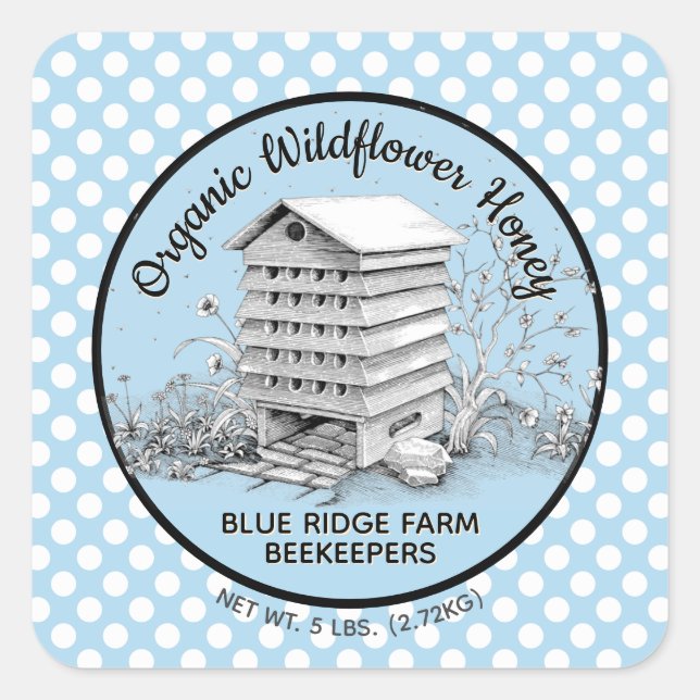 Vintage Beehive Blue Polka Dot Honey Stickers (Front)
