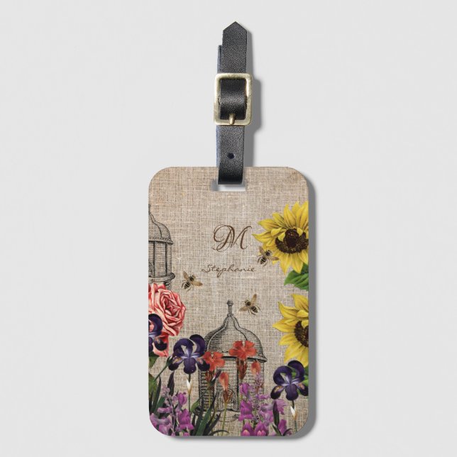 Vintage Beehive Honey Bee & Sunflower Monogram Luggage Tag (Front Vertical)