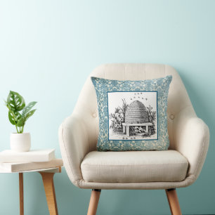 Vintage Beehive on Damask Throw Pillow