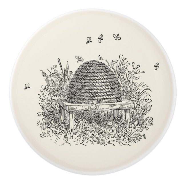Vintage Beehive Skep with Honey Bees Ceramic Knob (Front)