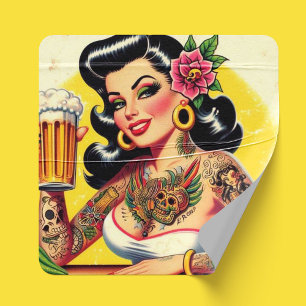 Vintage  Beer Pin-up Square Sticker