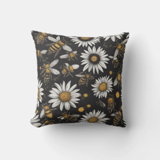 Vintage Bees and Daisies Floral Pattern Throw Pill Pillow