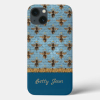 Vintage Bees on Blue Damask with Handwriting 