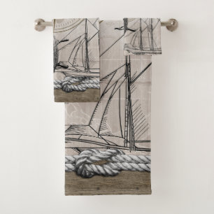 Vintage Beige and Brown Nautical Graphic Bath Towel Set
