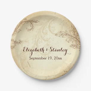 Vintage beige and brown scroll leaf wedding paper plate
