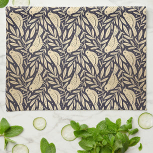 Vintage Beige Bird Pattern on Dark Background Kitchen Towel