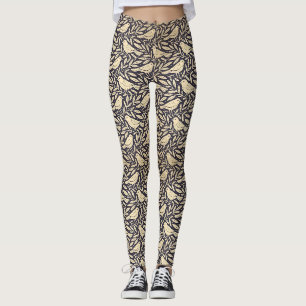 Vintage Beige Bird Pattern on Dark Background Leggings