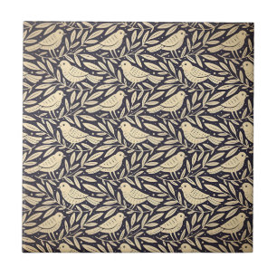 Vintage Beige Bird Pattern on Dark Background Tile