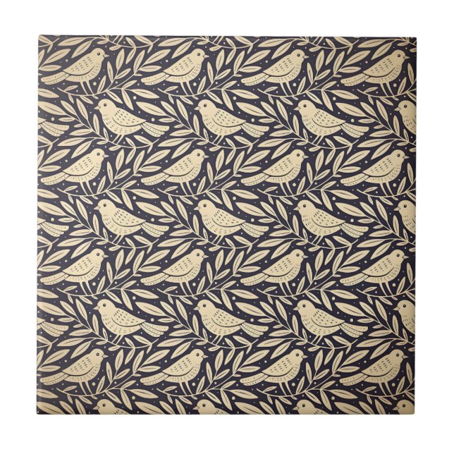 Vintage Beige Bird Pattern on Dark Background Tile (Front)