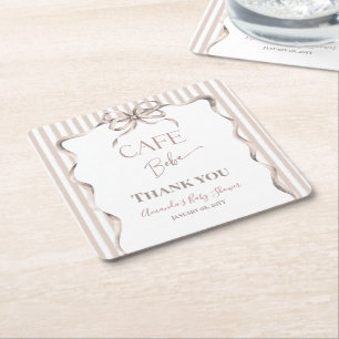 Vintage Beige Bow Cafe Bebe Coffee Baby Shower Square Paper Coaster