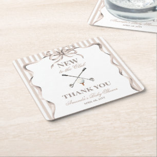 Vintage Beige Bow Gender Neutral Golf Baby Shower Square Paper Coaster
