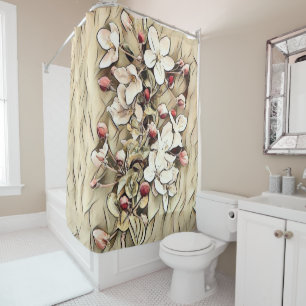 Vintage beige brown cherry blossoms drawing