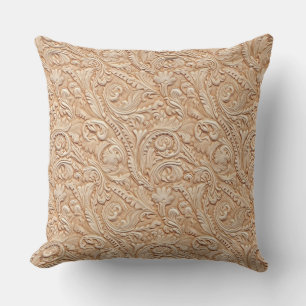 Vintage beige carved leather outdoor pillow
