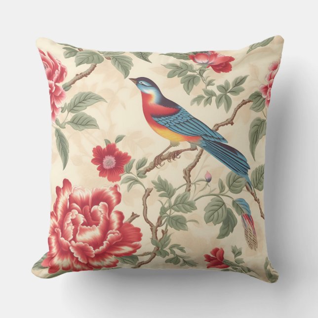 Vintage beige chinoiserie outdoor pillow (Front)