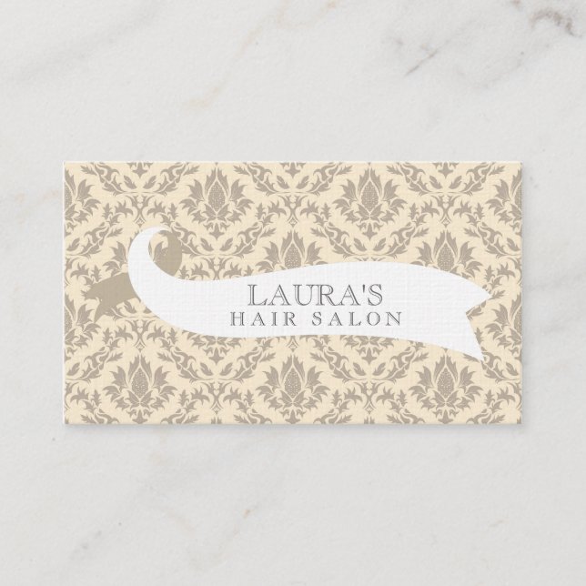 Vintage Beige Damask Hair Salon Business Cards (Front)