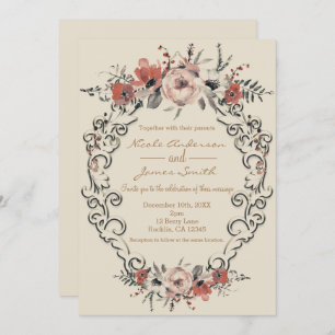 Vintage Beige Elegant Botanical Floral Wedding Invitation