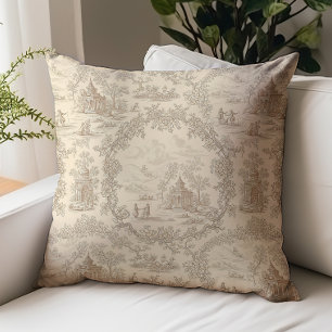 Vintage Beige French Country Toile de Jouy Pattern Throw Pillow