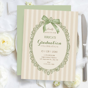 Vintage beige green elegant sweet bow graduation invitation