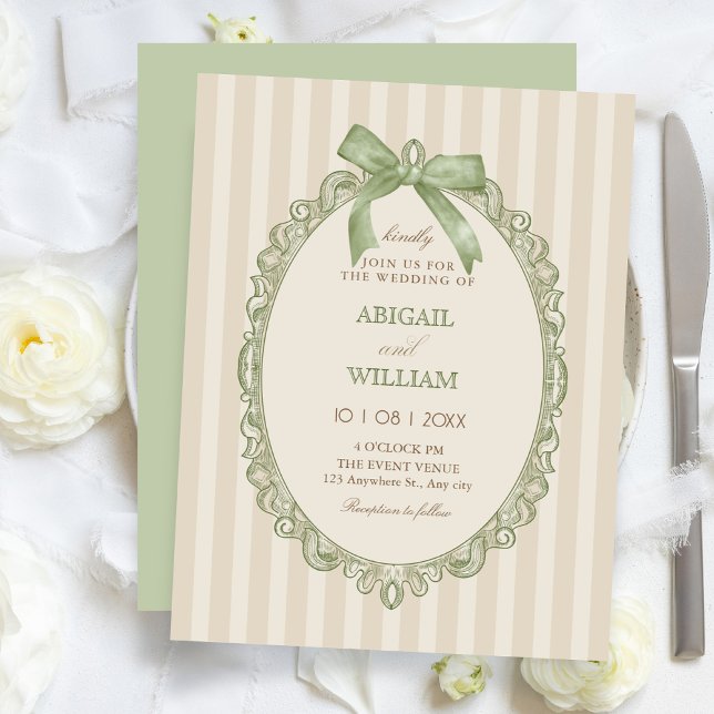 Vintage beige green elegant sweet bow wedding  invitation (Creator Uploaded)