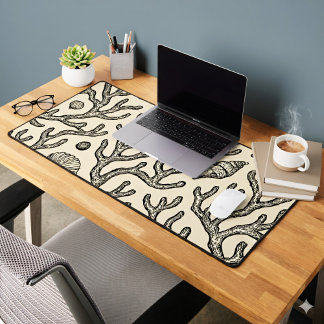 vintage beige hand drawn coral reef pattern desk mat
