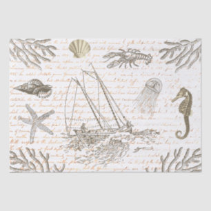 Vintage Beige Marine Life on Antique Script Tissue Paper