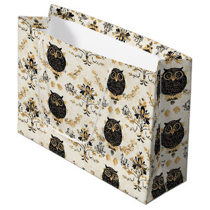 Vintage Beige Owl Nature Pattern Large Gift Bag