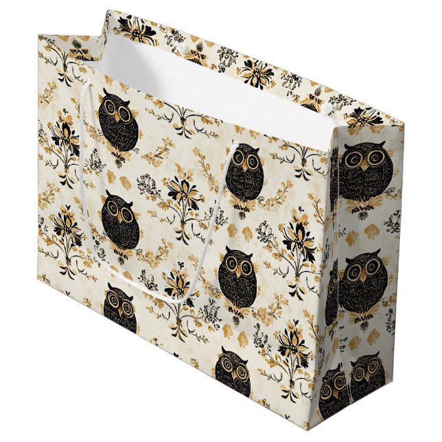 Vintage Beige Owl Nature Pattern Large Gift Bag (Front Angled)