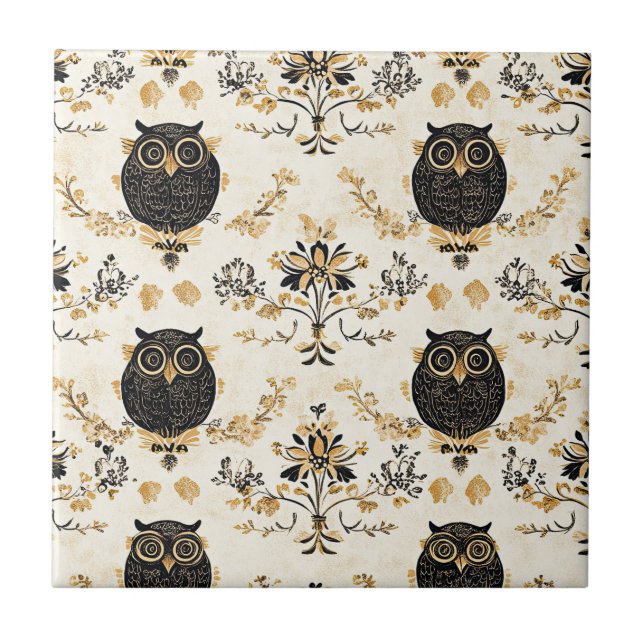 Vintage Beige Owl Nature Pattern Tile (Front)