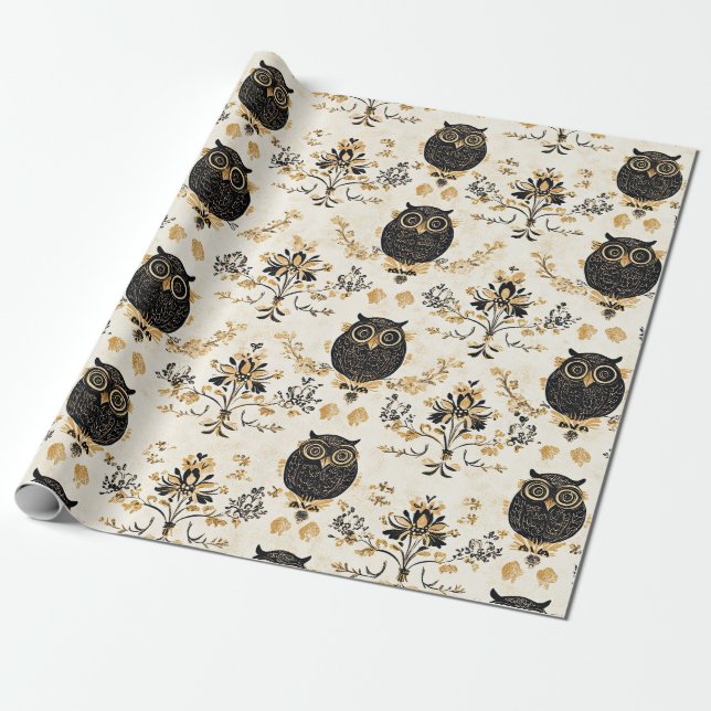 Vintage Beige Owl Nature Pattern Wrapping Paper (Unrolled)