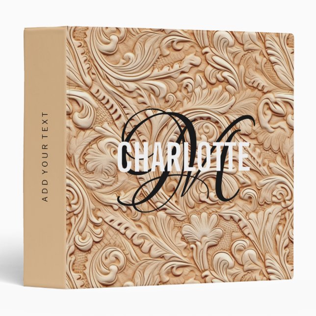 Vintage beige tooled leather monogram name binder (Front/Spine)