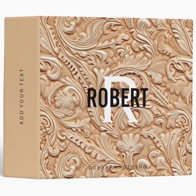 Vintage beige tooled leather monogram name binder (Front/Spine)