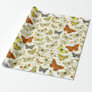 Vintage Beige Yellow Butterfly Pattern Script Wrapping Paper