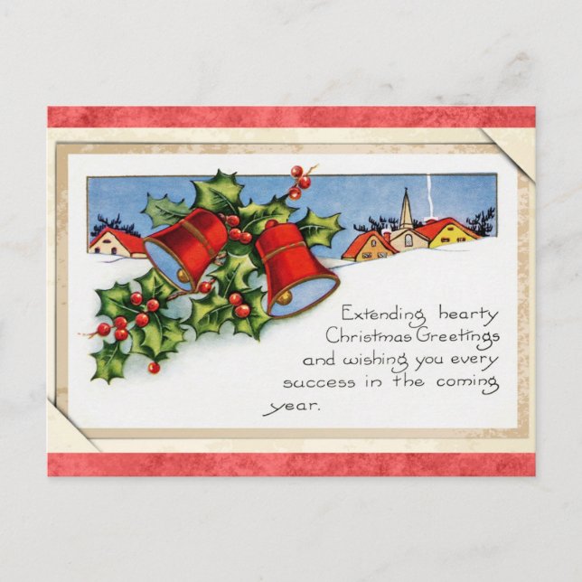 Vintage Bell Holly Snow Christmas Greetings Postcard (Front)