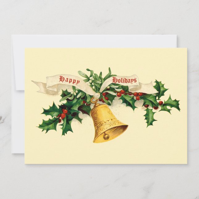 Vintage Bell, Mistletoe & Holly Holiday Card (Front)