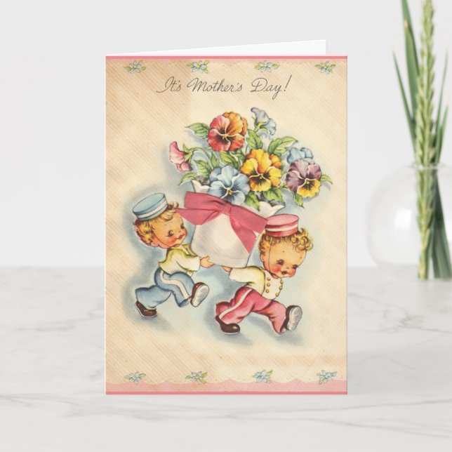 Vintage Bellboys & Pansies Mother's Day Card (Front)