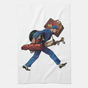 Vintage Bellhop in Uniform, Suitcase and Golf Club Kitchen Towel