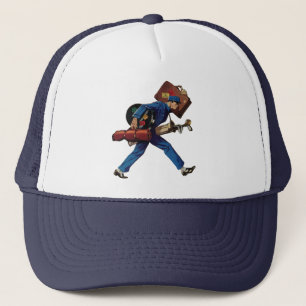 Vintage Bellhop in Uniform, Suitcase and Golf Club Trucker Hat
