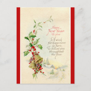 Vintage Bells and Berries Happy New Year Postcard