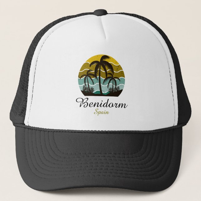 Vintage Benidorm Spain Summer Vacation Trucker Hat (Front)