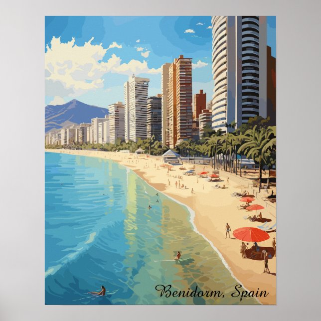 Vintage Benidorm Spain Travel Mediterranean Poster (Front)