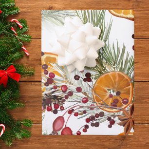 Vintage Berry Citrus and Pine Christmas Holiday Wrapping Paper Sheet