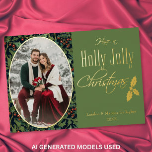 Vintage Berry Green Holly Jolly Christmas Foil Holiday Card