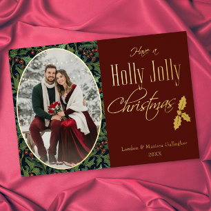 Vintage Berry Red Holly Jolly Christmas Foil Holiday Card