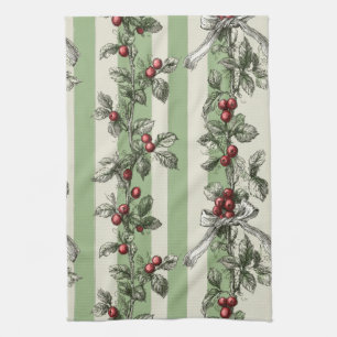 Vintage Berry Vine & Ribbon Botanical Stripe (1) Kitchen Towel