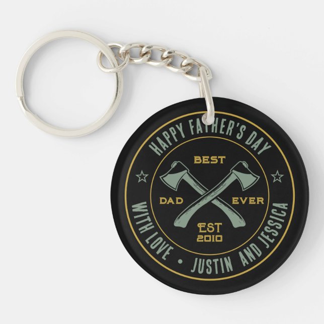 Vintage Best Dad Ever Custom Name Photo Axe Logo Keychain (Front)