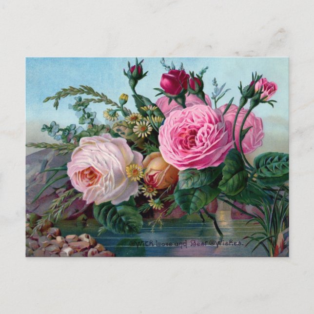 Vintage Best Wishes Flowers Postcard (Front)