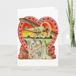 Vintage Bi-Plane Over Waterfall Valentine Card
