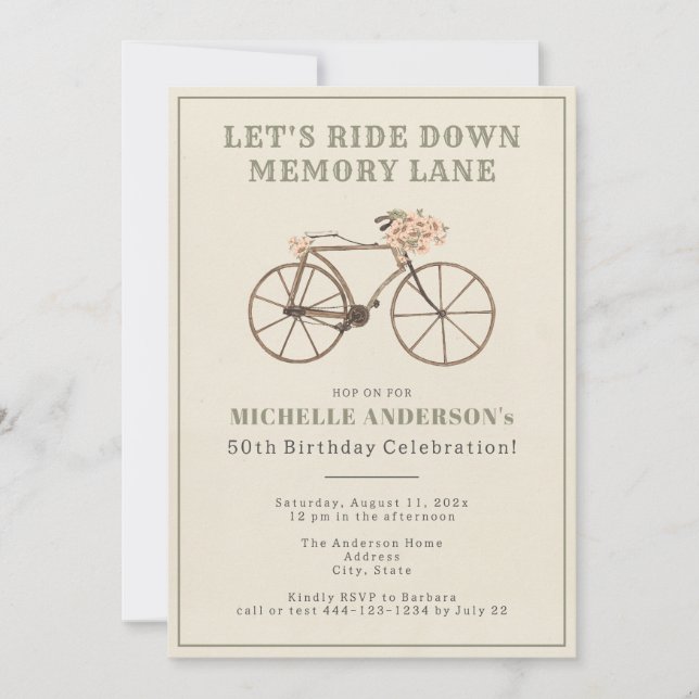 Vintage Bicycle 50th Birthday Party Invitation (Front)