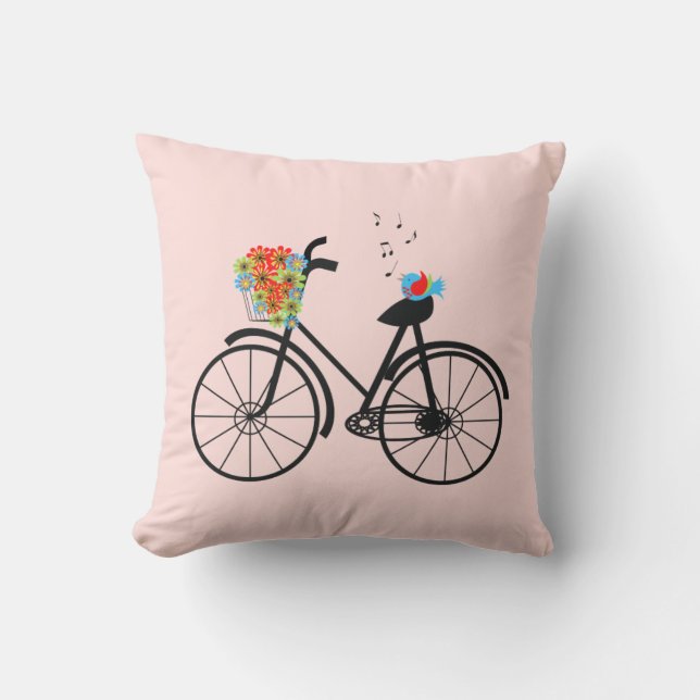 Vintage Bicycle and Singing Bird Throw Pillow (Front)